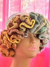 NWOT  Handmade Crochet Ruffle Hat Adjustable Brim  Acrylic  Women's Fashion