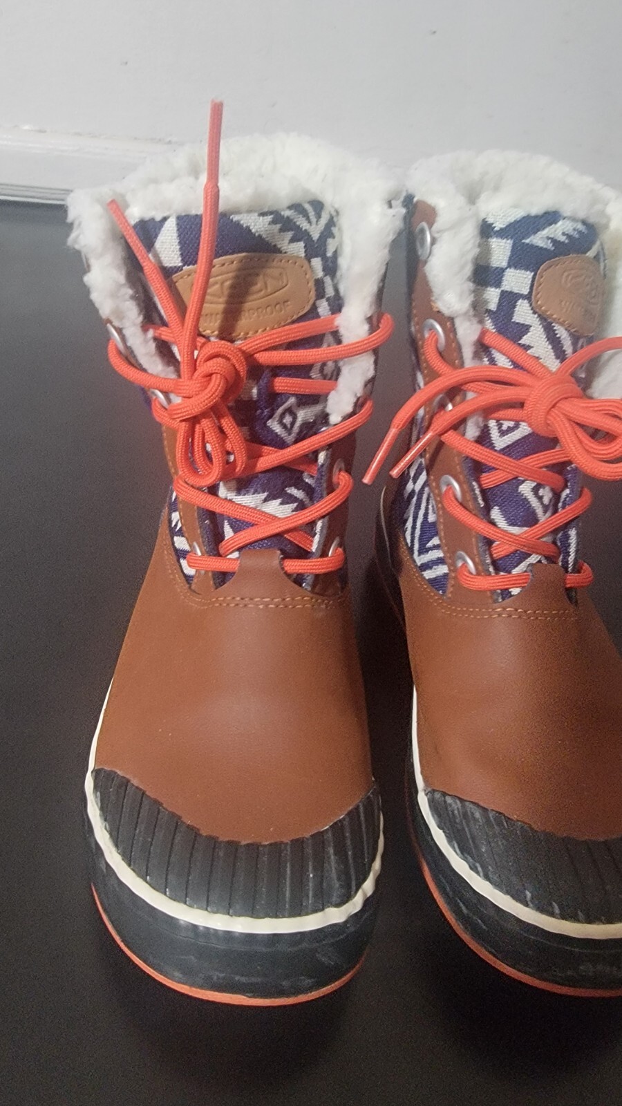 KEEN Stivali invernali in pelle marrone e tessuto blu con lacci Elsa Sherpa foderati 1013730 6