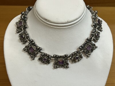 Mexico Signed TS Sterling Silver Amethyst Square Linked Necklace 4.21oz 119.2g