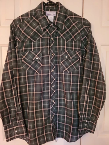 Wrangler Retro Pearl Snap Shirt Mens L Western Plaid Army Green Black White