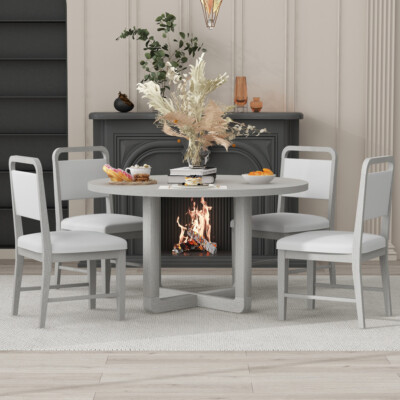 Round Dining Set Fabric Upholstered Chairs MDF Wood Dining