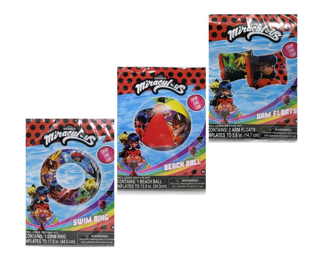 Miraculous Ladybug 3-Pack Inflatable Swim Ring, Beach Ball, Arm Floaties