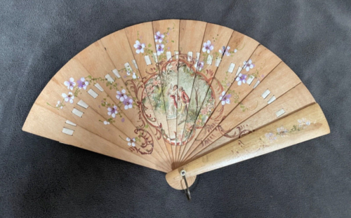 Vintage Wood Ribbon Folding Fan Accordion Hand-Painted Victorian Look 11” x 6.5”