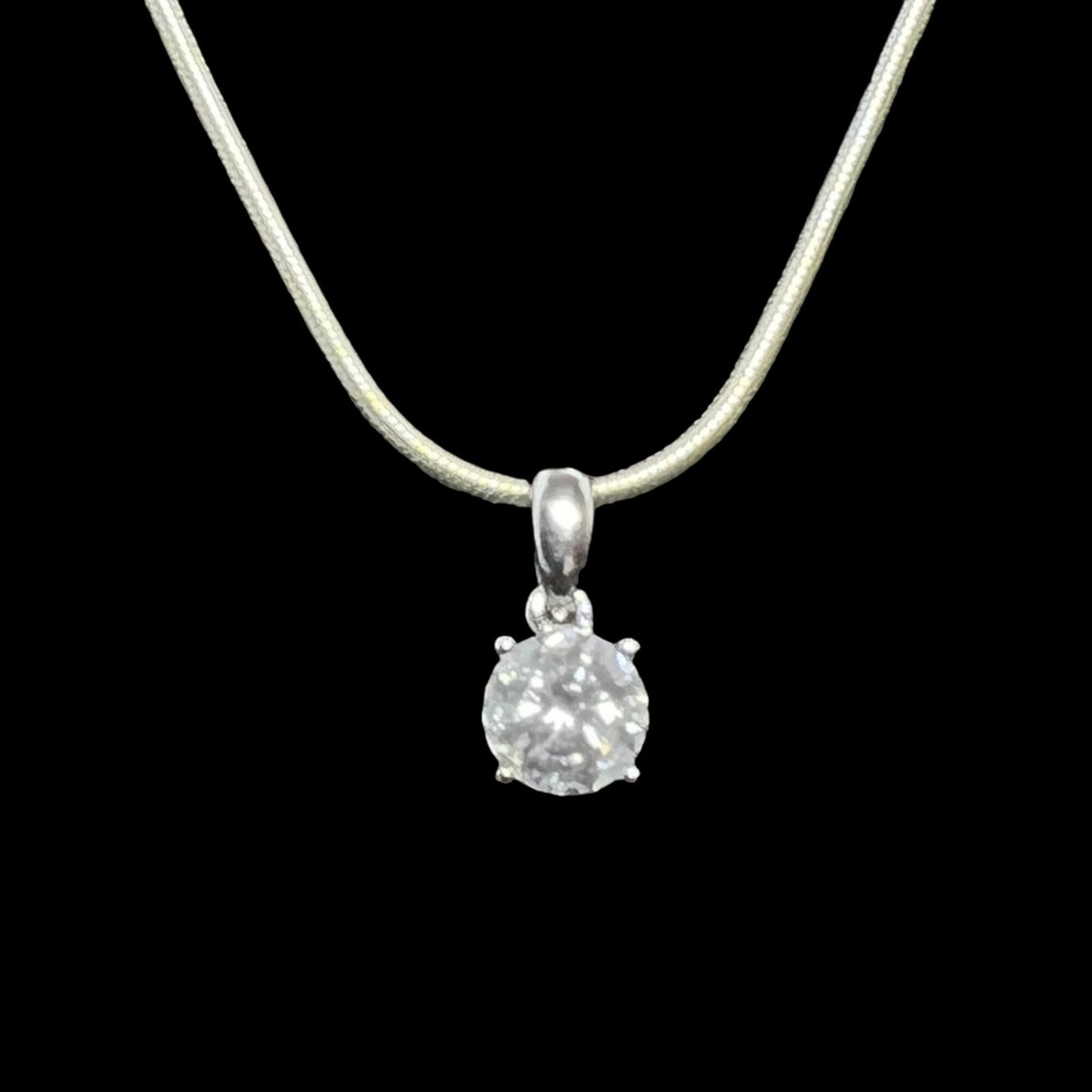 VTG Sterling Silver Snake Chain Necklace W/Solitaire CZ Pendant