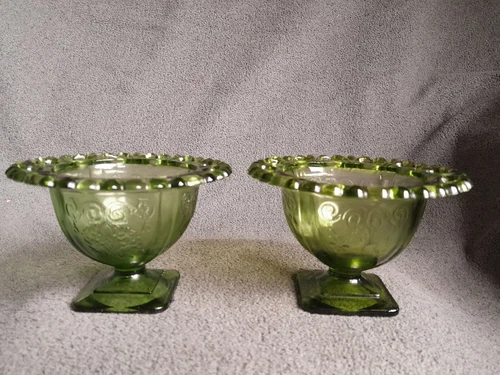 Vintage 1960s Lot Of 2 Indiana Glass Laced Lorraine Avocado Green Pedestal Dish