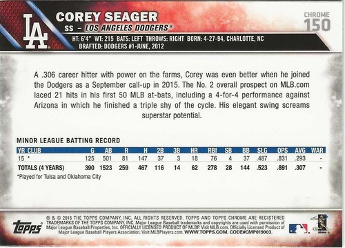 Topps Chrome 2016 - Corey Seager #150 (RC) - Imagen 2 de 2