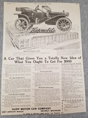 1911 Hupmobile Runabout $750 Vtg Print Ad Free Photogravure Offer