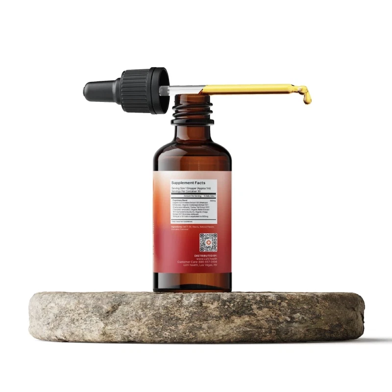 Gotas de flujo de salud LUV - Mezcla adaptógena de hongos - Sabor melocotón sandía Foto 3 de 4