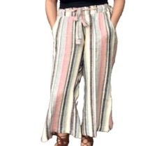 Indigo Rein Linen Blend Stripe Palazzo Wide Leg Pull On Smocked Back Midi Pants