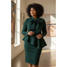 4517) Tally Taylor forest Green Bow Peplum Church Formal Dress Sz 14 