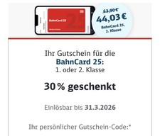 BahnCard 25 Deutsche Bahn 30% Rabatt Gutschein