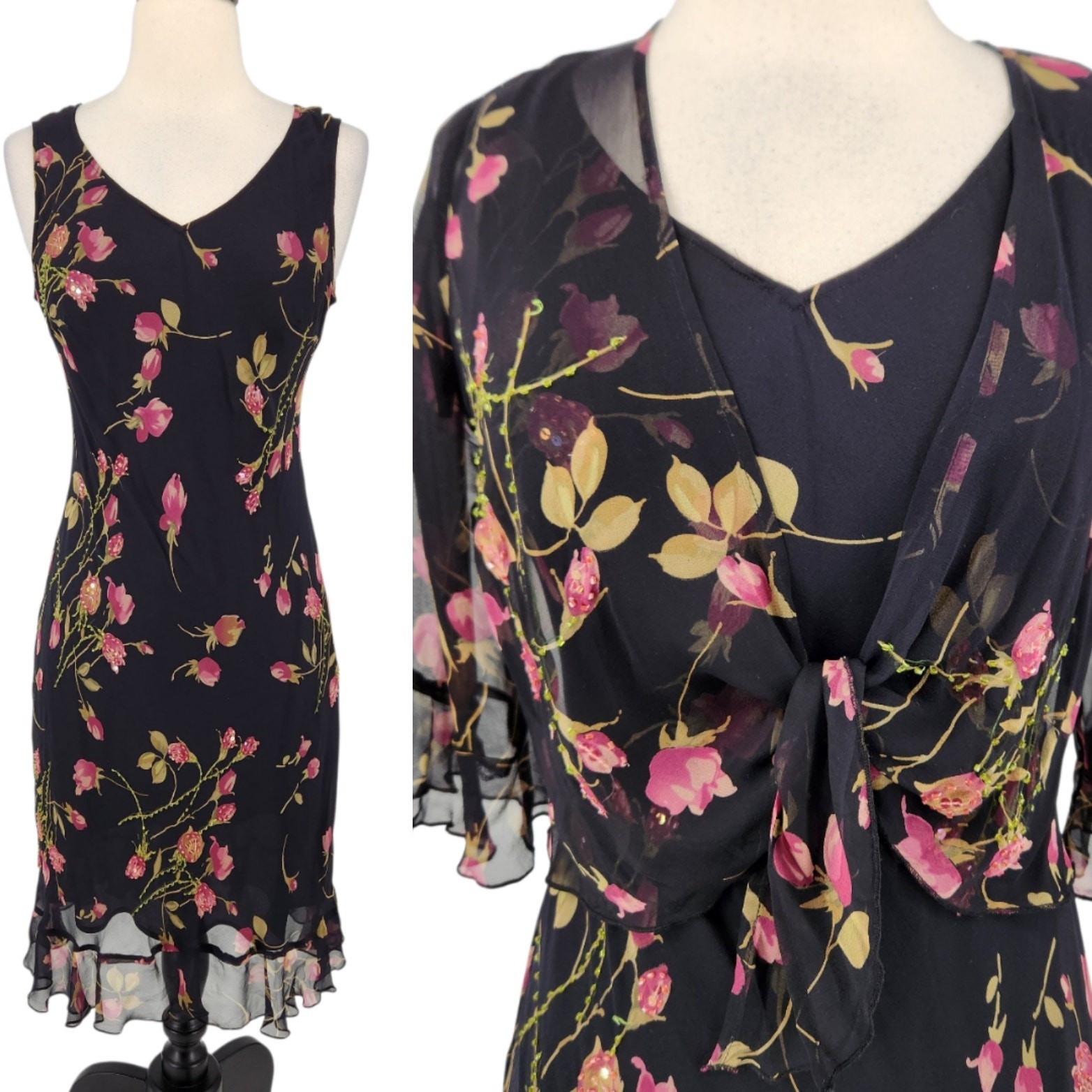 Robbie Bee 90s Silk Dress Set – Black Floral Sheath Dress Matching Sheer Jacket