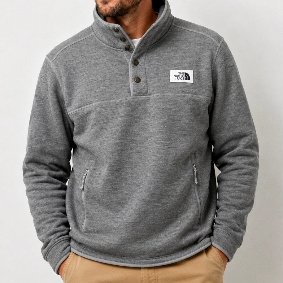 THE NORTH FACE | Men’s Gray Heathered Fleece Snap Pullover Jacket Sherpa | Large