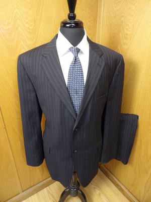 #ad Mazzoni Mens Suit 46L 38w x 30 Black Pinstripe Poly Rayon T #501 $49.99