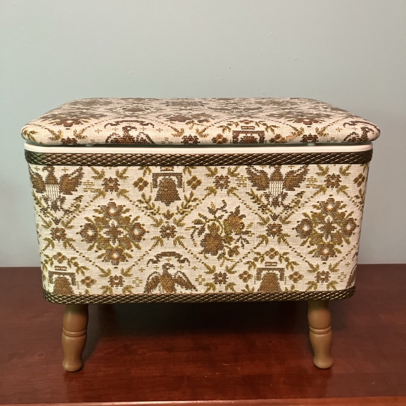 Vintage  Redmon Storage Ottoman Sewing Box Foot Stool With Various Sewing Items
