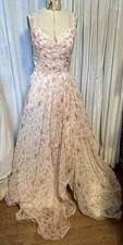 Womens Sleeveless Ivory Pink Floral Chiffon Fit Flare Long Event Gown Sz L Used
