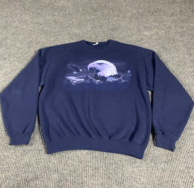 VTG Jerzees Sweatshirt Adult Medium Blue Bald Eagle Outdoors Nature Retro 90s