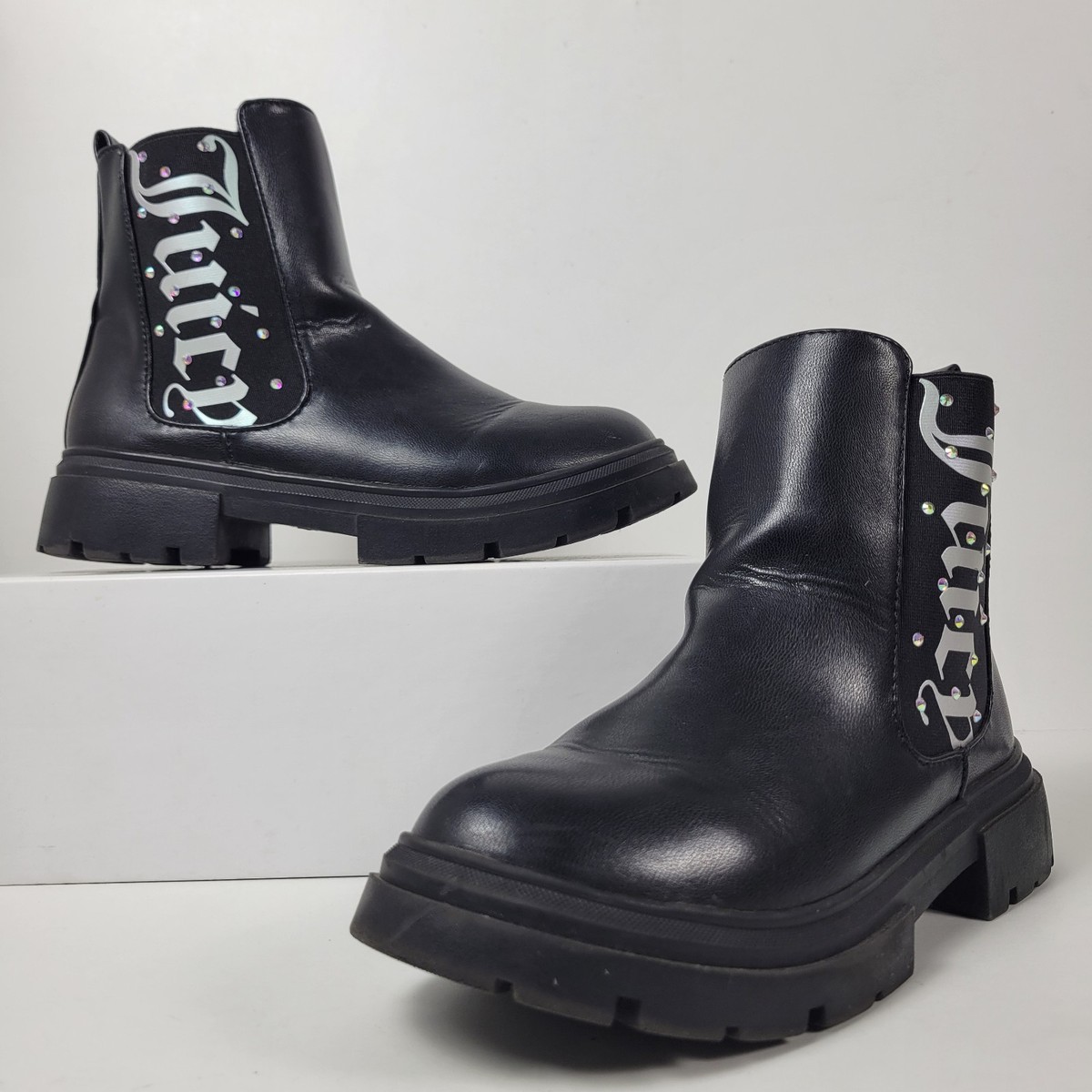 Juicy Couture Boots Womens M Ruby Black Zip Spellout Sequin