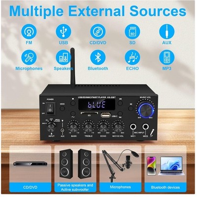 Compact Stereo Amplifier with Bass & Treble Control