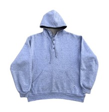 Vintage 90s Russell Athletic Henley Button Fleece Pullover Hoodie Gray Men  s L