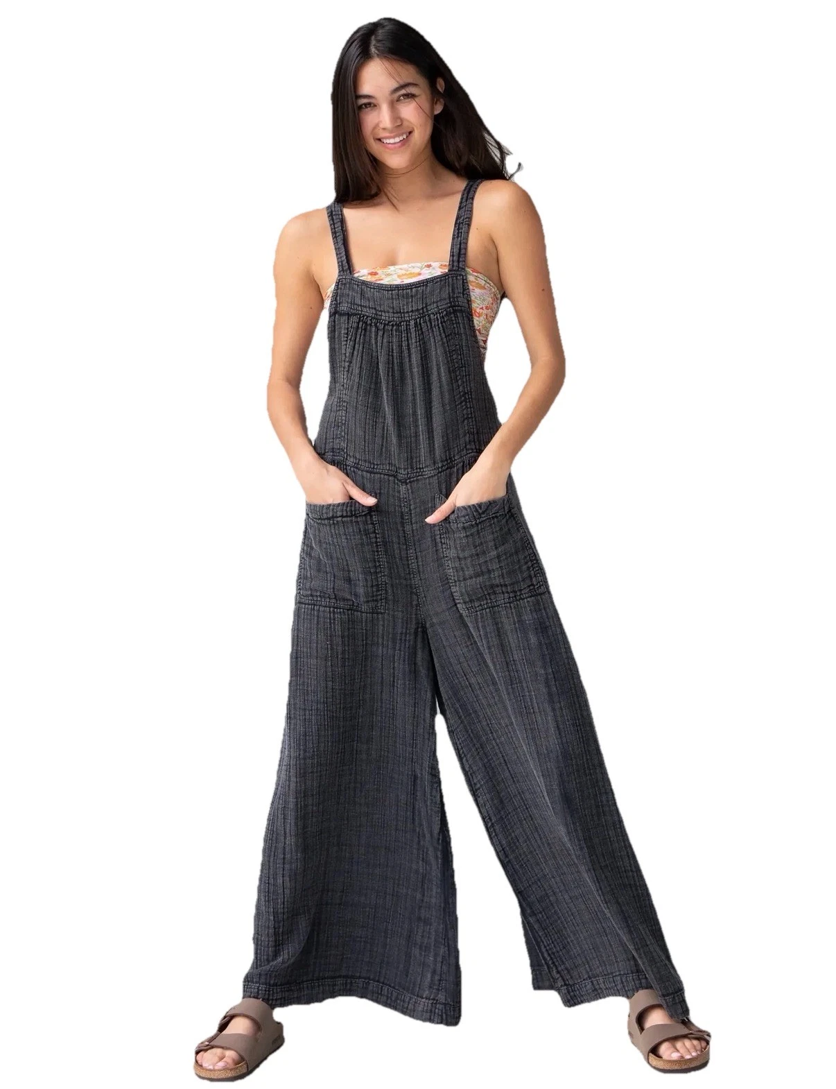 Natural Life Women Med Dakota Velvet Tie Overall Washed Out Black Boho Wide