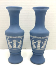 AVON  Blue & White 5.5" Matte Greek Goddess Design Vases--Set of 2