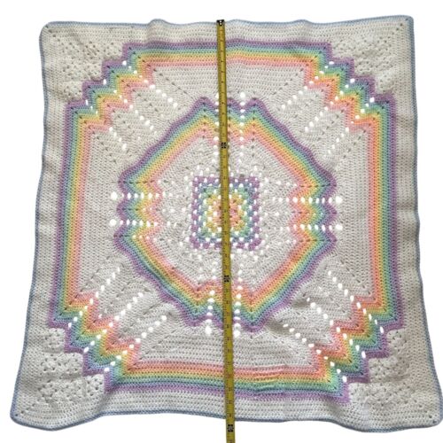 Handmade Baby Blanket Crochet Pastel Rainbow Blue Trim 35 x 35 Square - Picture 4 of 5