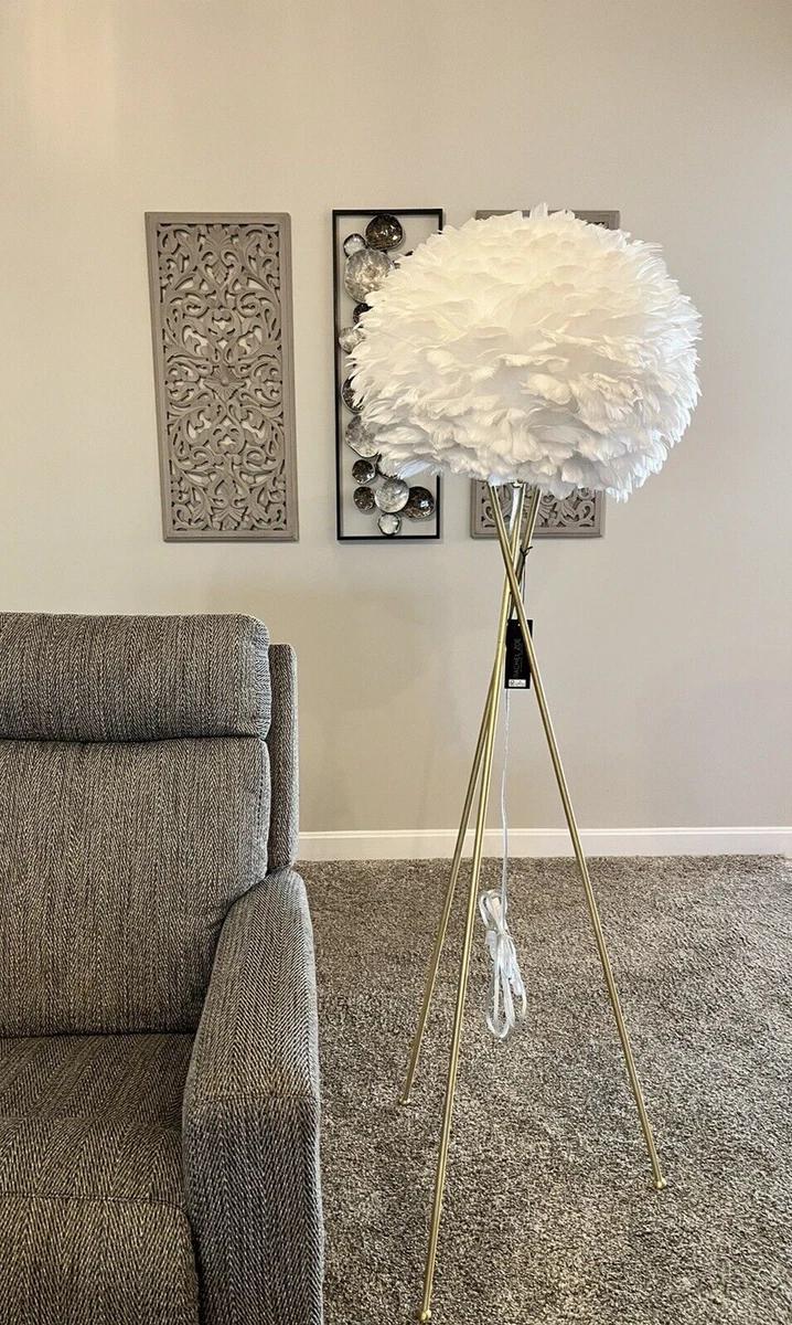 RACHEL ZOE Large White Fluffy Feather FLOOR LAMP Gold Tone Tripod