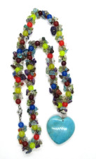 Colorful Art Glass bead necklace, multicol, turquois heart pendant 19"