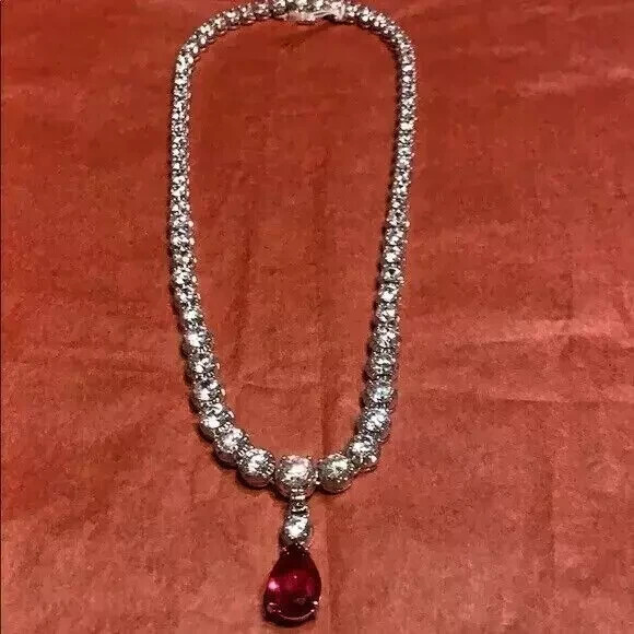 13Ct Round Cut Lab-Created Ruby & Diamond Tennis Necklace 14K White Gold Plated