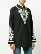 $398 NWT Tory Burch Embroidered Split V- neck Tory Tunic Cotton Black Top sz 0