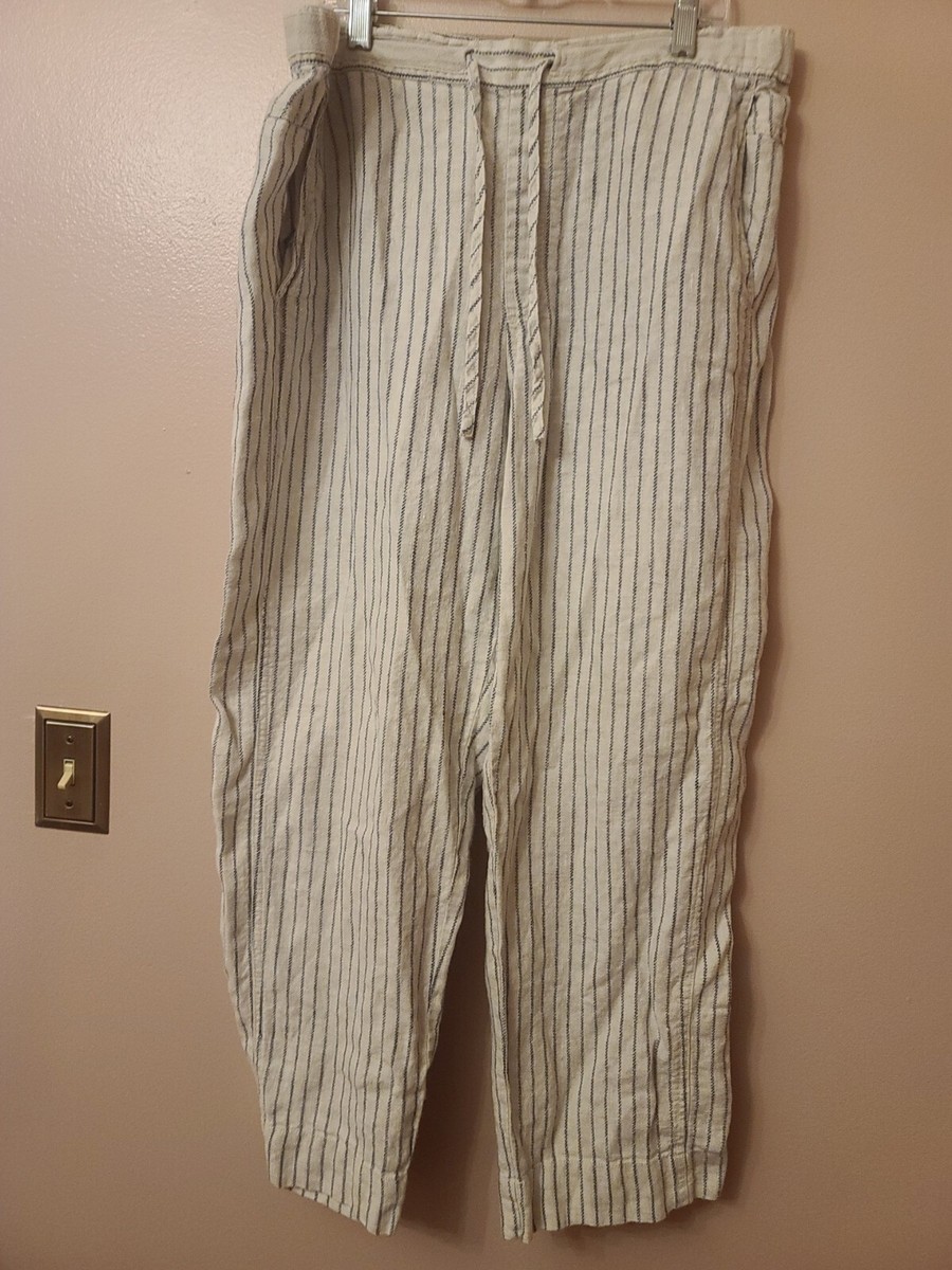 Orvis Linen Striped Pants Women Size Large Pockets Part Elastic Drawstring  Waist