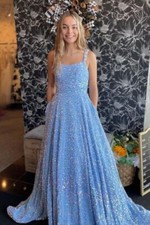 Sparkly Sequins A Line Prom Dresses Long Spaghetti Straps Backless Ball Gowns