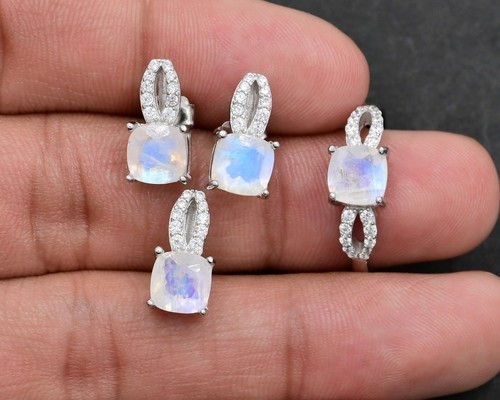 Natural Rainbow Moonstone Jewelry Set July Birthstone 925 Sterling Silver - Picture 3 of 5