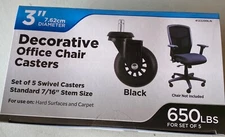 5 Office Chair Replacement Wheels Universal Poly Heavy Duty 3" BLACK 650lb rated