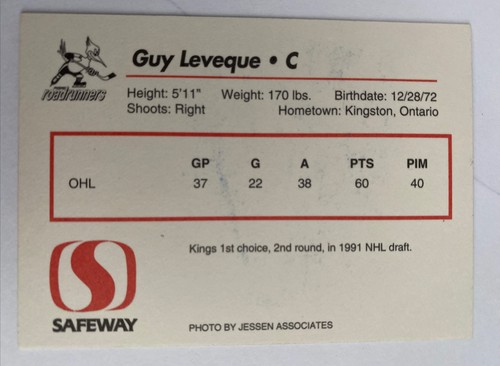 1992-93 Phoenix Roadrunners IHL GUY LEVEQUE #163 AUTOGRAPHED Card Died 2005 - Picture 2 of 2