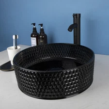 Black Bathroom Sink Tempered Glass Round Basin Mixer Deck Mount Brass Drain Taps