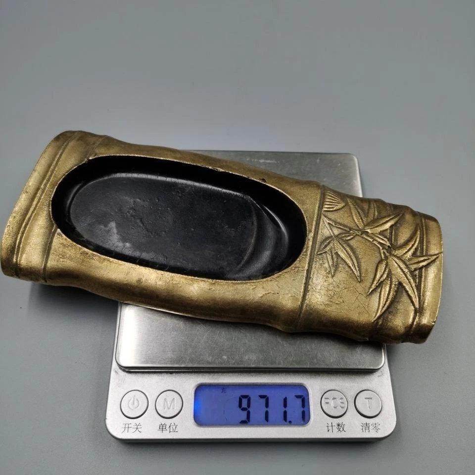 Herramienta de caligrafía vintage de latón verde bambú piedra tinta decoración de colección Foto 4 de 4