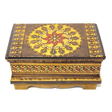 Vintage Wood Hand Carved Painted Trinket Keepsake Treasure Box Poland Hinged