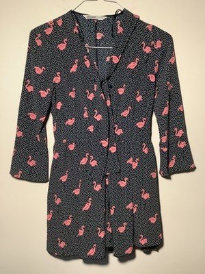 Zara Basic Polka Dot Flamingo Print Romper black pink tie zip bell sleeve Sz XS