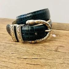 VTG Streets Ahead Crocodile Green Leather Belt Silver Buckle Sz S Western 