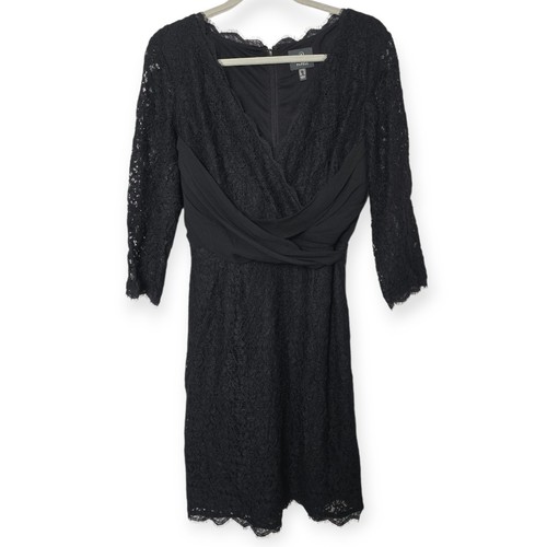 Adrianna Papell Sz 10 Black Stretch Lace & Silk Mock Wrap Sheath Dress Cocktail - Picture 2 of 5