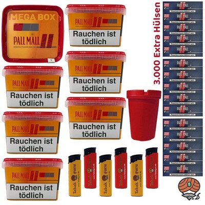 Pall Mall Allround Volumentabak Mega Box 7x 145g, 3000 Xtra Hülsen, Zubehör