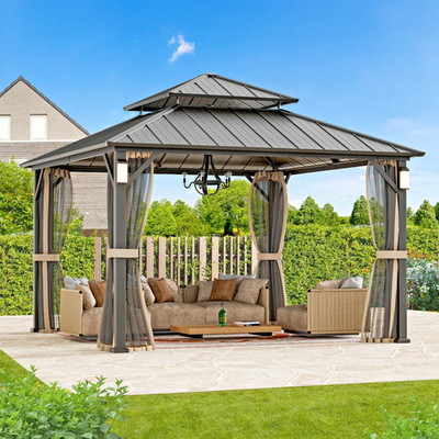 12' x 12' Outdoor Hardtop Gazebo Galvanized Steel Double Roof  w/ 4 LED Lights