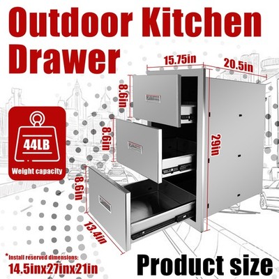 16''W x 28.5''H x 20.5''D Stainless Steel Drawers for Outdoor Kitchen Triple Access