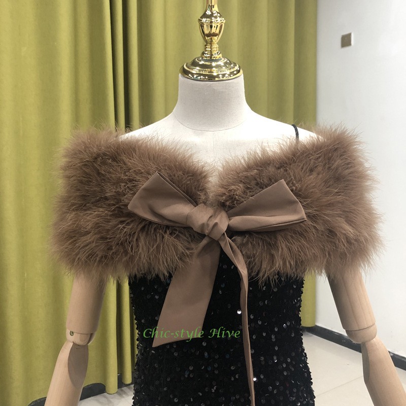 Women Real Ostrich Feather Fur Shawl Wraps Shrug Bride Wedding Party Cape Blue