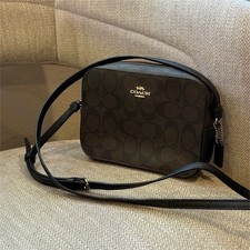 Coach Brown Signature Monogram Zip Crossbody Bag Black Strap Gold Hardware