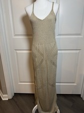 Hunter & Brown Beige Knit Maxi Dress V-Neck Strappy Sleeveless Size L HBD889