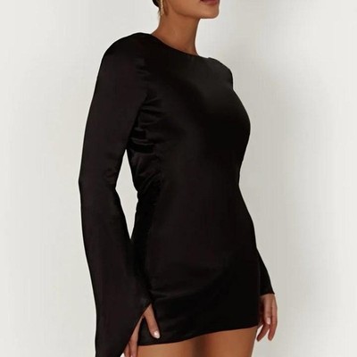 Meshki Davina Black Satin Long Sleeve Mini Dress Large NWT