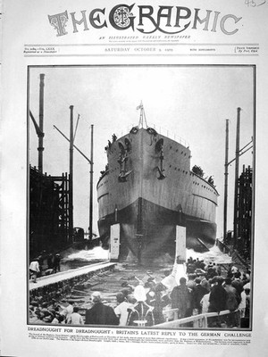Original alter antiker Druck 1909 Dreadnought Kriegsschiff Portsmouth Neptun 20.